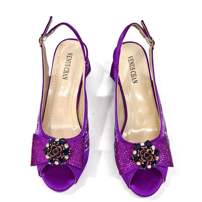 Italian Shoes and Bags Matching Set for Women Bow Rhinestones Peep Toe High Heels Purple Color Nigerian Party 2024
