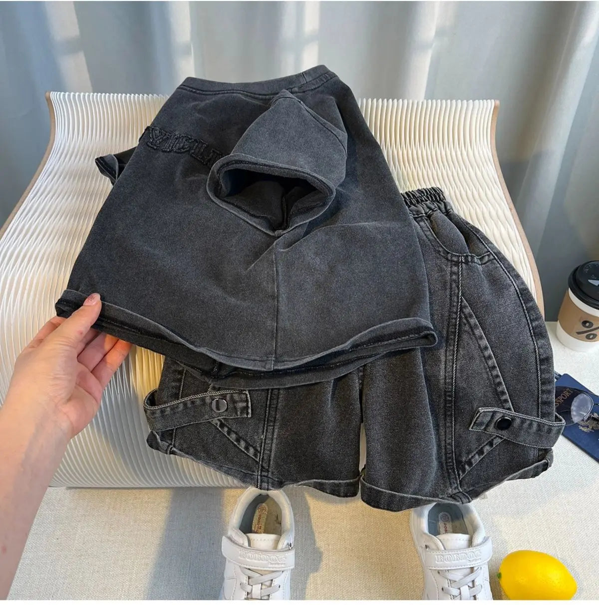 Set Kid Boy 2025 Summer New Style Cotton Letter Embroidered T-shirt Black Jeans Fashion Streetwear Daily Sporty Korean