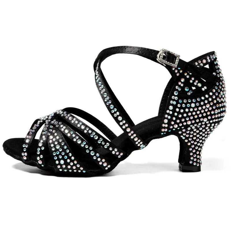 Women Latin Dance Shoes Latin Salsa Girl Dancing Shoes Black Shiny Ballroom Dance Shoes For Girls Ladies