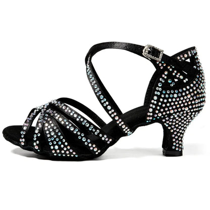 Women Latin Dance Shoes Latin Salsa Girl Dancing Shoes Black Shiny Ballroom Dance Shoes For Girls Ladies