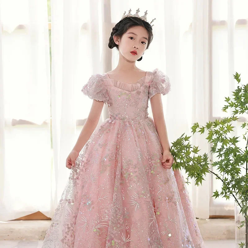 Vestidos de noite infantis bordados de renda, longos vestidos de princesa, vestidos formais elegantes para meninas, vestidos de formatura 3-15 anos, roupas para festa de aniversário