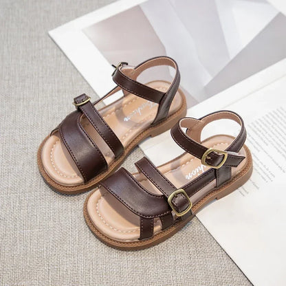 Girls Roman Sandals Open Toe Little Kids Leather Sandals with Buckle Open Toe Children Summer Beach Shoes Non-Slip Soft Sole