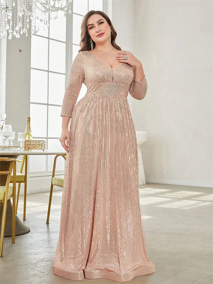 Plus Size Luxury V-Neck Long Sleeves Sequins Evening Dress For Women 2024 Wedding Party Prom Maxi Cocktail Bridesmaid Gowns