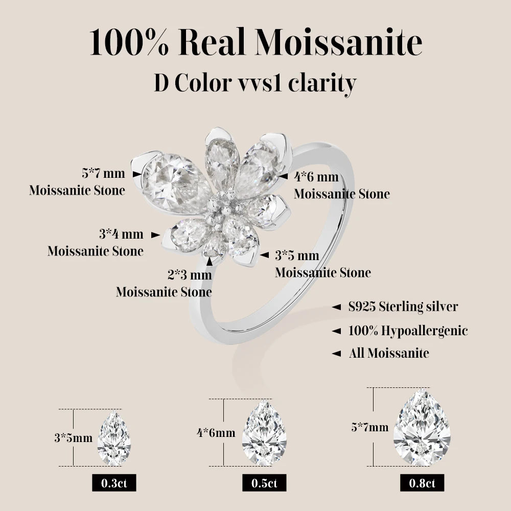 925 Sterling Silver Luxury Women Ring Flowers D VVS1 Moissanite Pear-cut Engagement Band Anniversary Gift Fine Jewelry