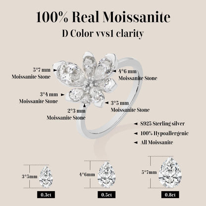 925 Sterling Silver Luxury Women Ring Flowers D VVS1 Moissanite Pear-cut Engagement Band Anniversary Gift Fine Jewelry