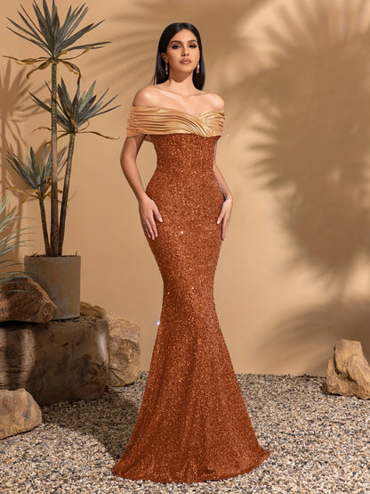 Off-the-shoulder pleated hip-hugging dress, elegant and chic dress