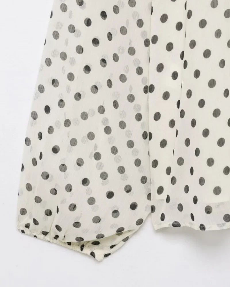 Elegant Women Polka Dot Blouse, Spring Bow Tie Lantern Sleeve Layered Neck Chiffon Shirt, Casual Daily Office Top