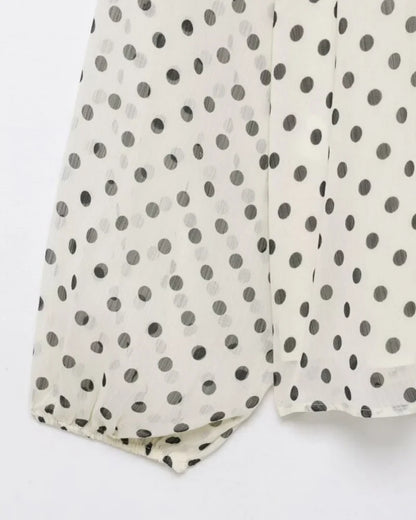 Elegant Women Polka Dot Blouse, Spring Bow Tie Lantern Sleeve Layered Neck Chiffon Shirt, Casual Daily Office Top