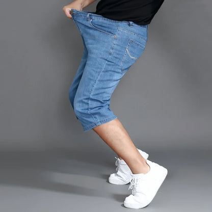 Summer Shorts Calf Length Trousers Plus Size 48 42 Men Denim Elastic Stretched Thin Jean Oversized Classic Straight Streetwear