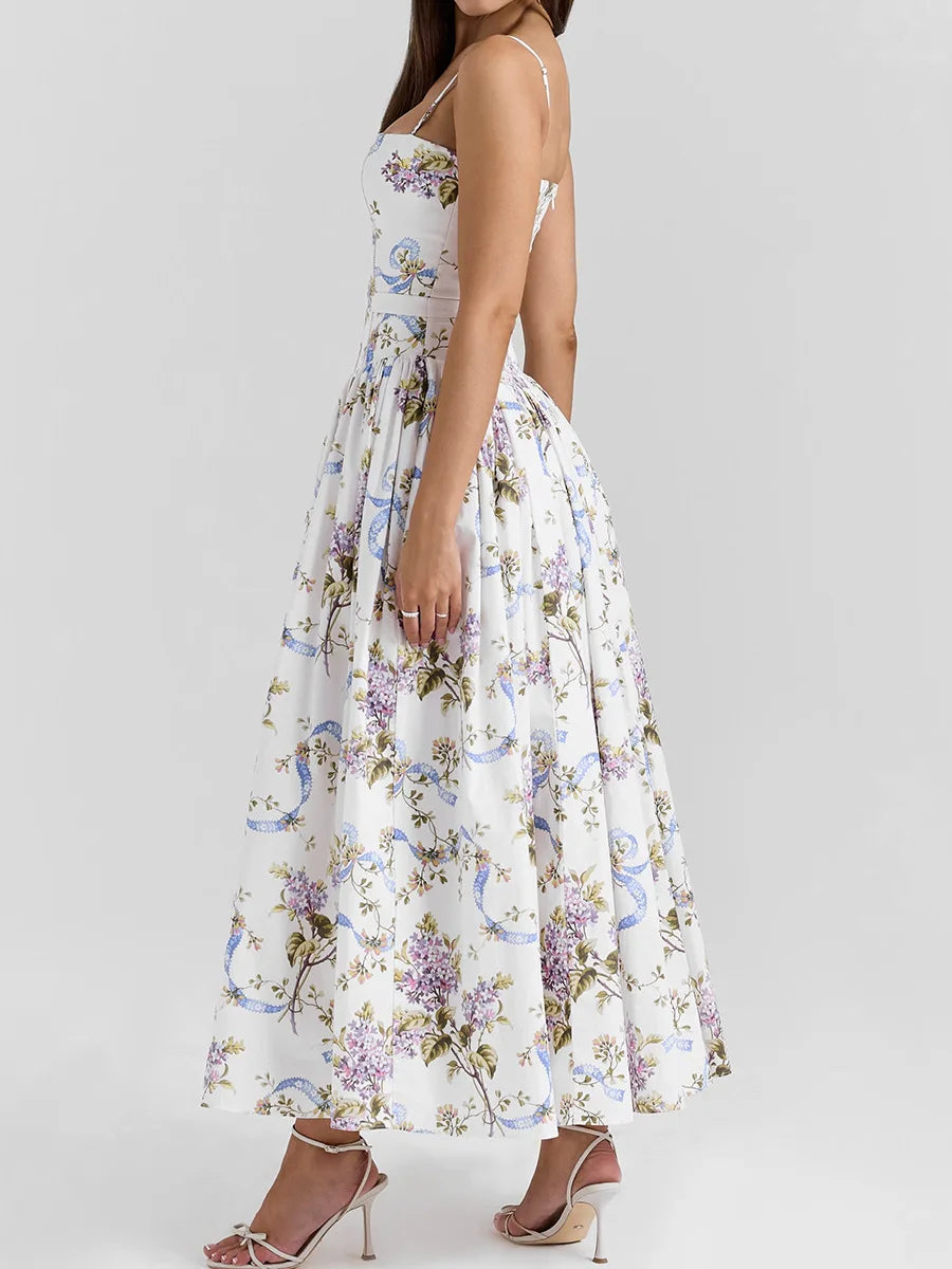 Summer Floral Print Dress Elegant 2025 New Arrivals Spaghetti Strap Flare Dress Maxi Holiday Party Dresses Women