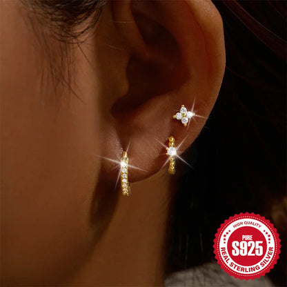 CANNER Set Double Layer Smooth Classic Hoop Earrings For Women 925 Sterling Silver Ins Flower Color Zircon Earrings Fine Jewelry