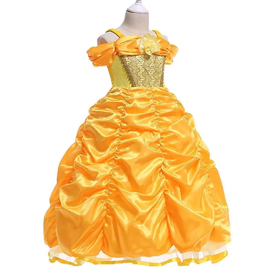 Girl Princess Dress Beauty And Beast Cosplay Costume Belle Praty Yellow Luxury Wedding Ball Gown Kid Carvinal Fancy Clothes