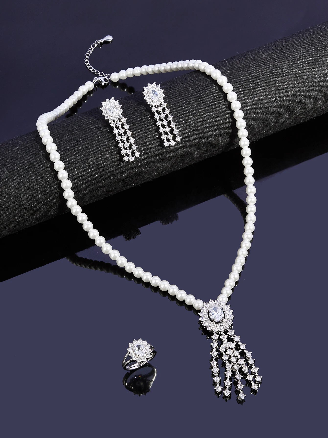 New Trendy Pearl Tassel 40cm Necklace Earring 4PCS Jewelry Set For Women Wedding Party Full Zircon Dubai Bridal Jewelry Set Gift