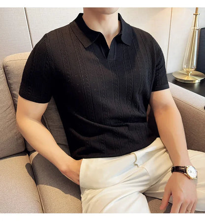 Men's Polo Shirt, Striped Jacquard Knit Short Sleeve, T-shirt V-neck Solid Color Elastic Top 2024. M-3XL,Summer Purple Thin