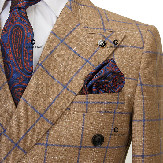 Brown Plaid Suits for Men Double Breasted 2 Pcs Set Blazer Jacket Pants Wedding Party Meeting Office