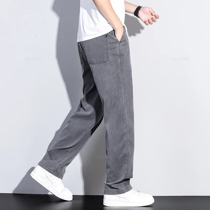 Summer New Upgrade Soft Lyocell Fabric Jeans Men Ultrathin Blue Elastic Waist Loose Straight Denim Trousers Male Plus Size 5XL