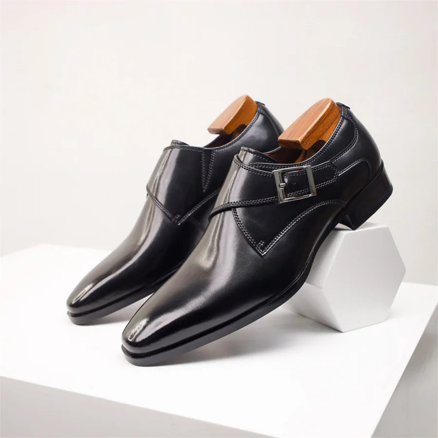 Men's Cow Leather Shoes Buckle Pointed Dress Shoes Men Classic Business Formal Social Office Party Wedding Shoes