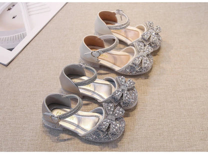 Kid's Sandals high Heels Pumps Rhinestone Bow Silver Party Breathable Shoes For Girl PU Leather Footwear for Kids Size 26-36