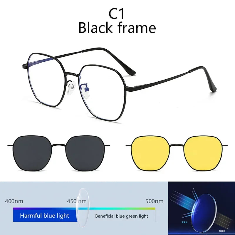 Sunglasses Men Women 3 In 1 Magnetic Clip On Glasses Hexagon Alloy Frame