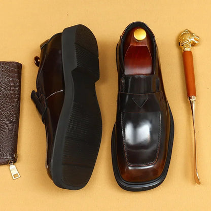 Glossy Black Thick Bottom Large Head Men's Shoes Business Casual Slip-On Loafers round Toe Leather Shoes for Adult Men