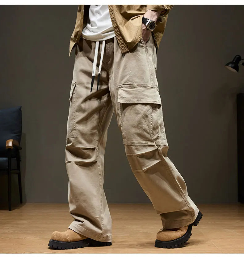 Men's Baggy Cargo Pants with Pockets 100% Cotton Drawstring Elastic Waist Wide Leg Outdoor Casual Pants Plus Size 8XL