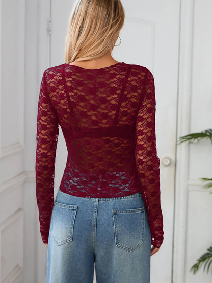 Long Sleeves See Through Lace Crop Top Solid Sexy Bodycon T-Shirt For Women Party Club Spring Summer Clothes