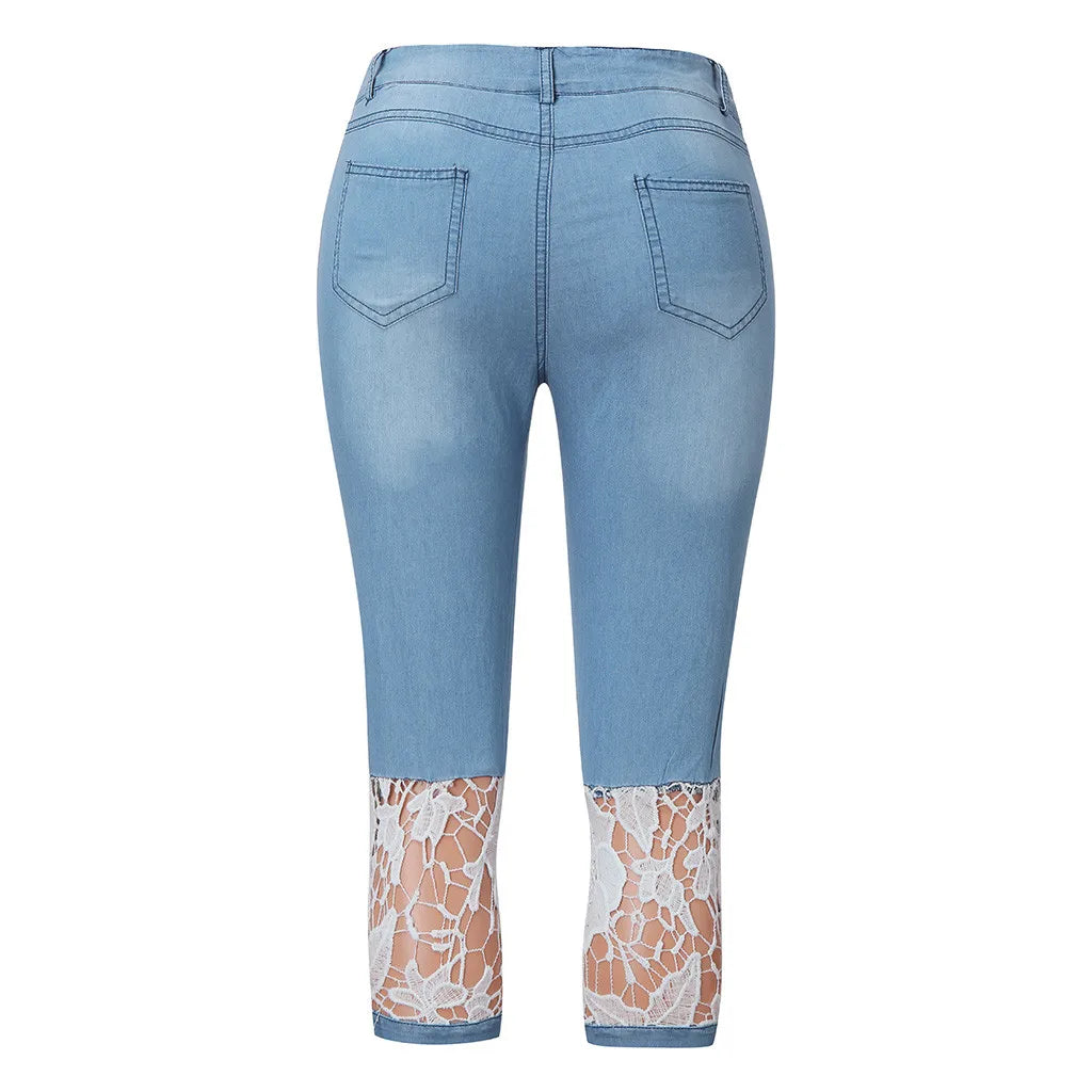 Calça Jeans Feminina Capri Casual com Renda Patchwork Calça Jeans Cropped de Cintura Alta e Caimento Justo Calça Jeans Feminina Streetwear