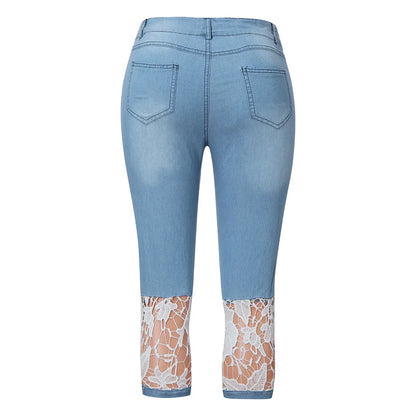 Calça Jeans Feminina Capri Casual com Renda Patchwork Calça Jeans Cropped de Cintura Alta e Caimento Justo Calça Jeans Feminina Streetwear