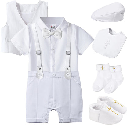 Baby Boys Baptism Outfit Infant Wedding Gentleman Set Christening Formal Birthday Party Suit Suspender Bow Tie Romper