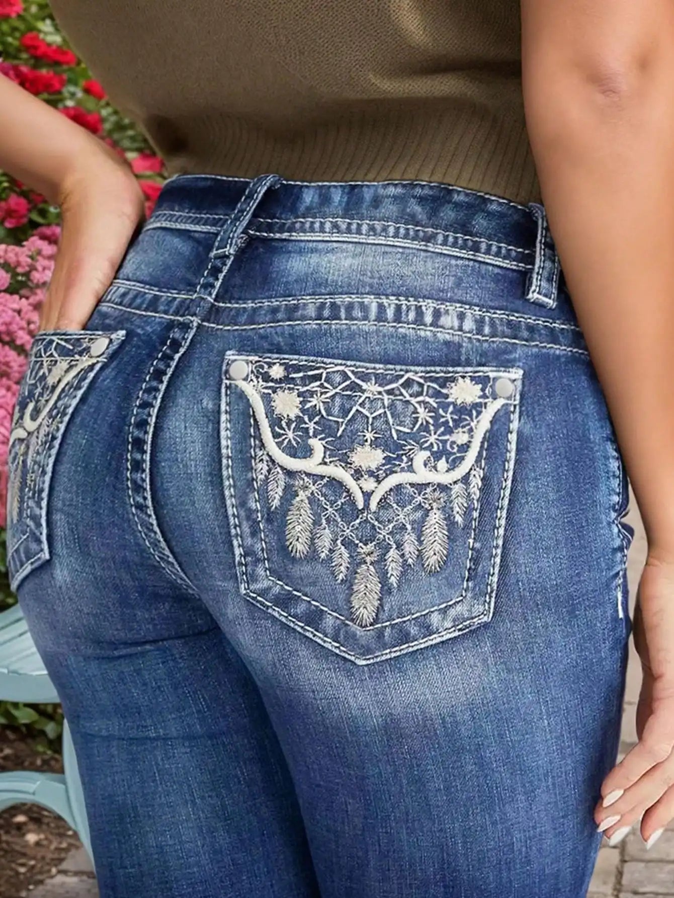 Women's Embroidered Wash Denim Jeans – Heavy-Duty Stitching for Style and Durability