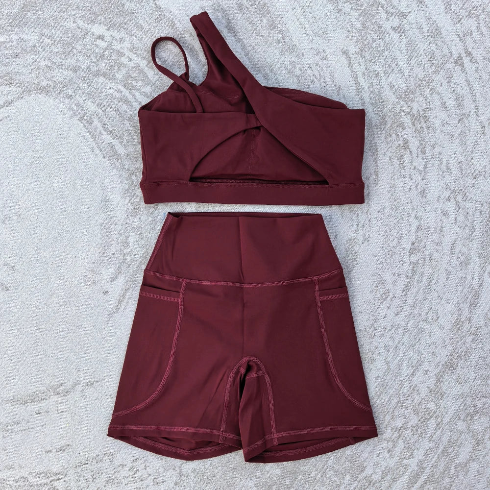 Women's 2 PCS Sports Yoga Set Sexy Sport Bra High Waist Sports Pocket Shorts Gym Fitness Sleeveless Workout Suit Sporstwear