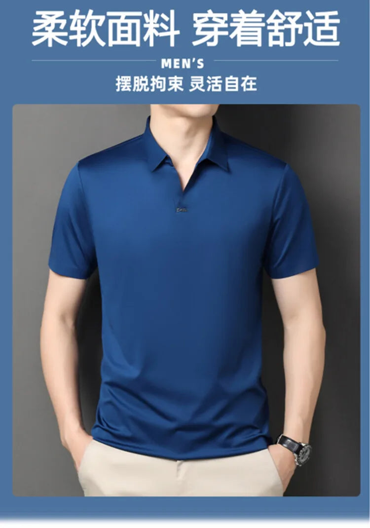 2024 High-quality Elastic Stretch POLO, Business Casual Men's Short-sleeved Shirt, Seamless V-neck M-4XL Men's Polo Shirt