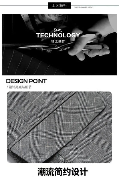 Suits (blazer+ Pants) Men Fashion Business Casual Solid Color Korean Version Slim-fit Plaid Gentleman Wedding Work S-5XL