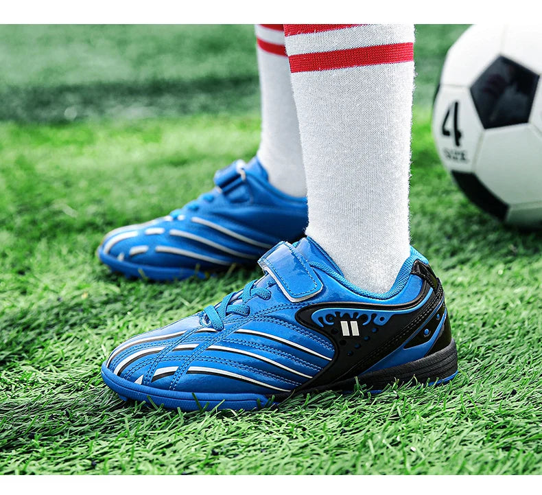 Fashion Gold Children's Football Shoes Outdoor Non-slip Turf Soccer Shoes Kids HOOK&LOOP Low-cut Sports Sneakers Child Trainers