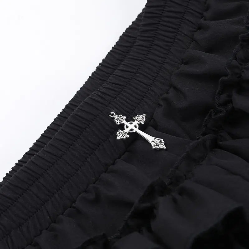 2026 Summer New Arrival Hot Girl Trendy Versatile Mini Skirt Dark Cross DesignTiered Cake Black Fluffy Skirts