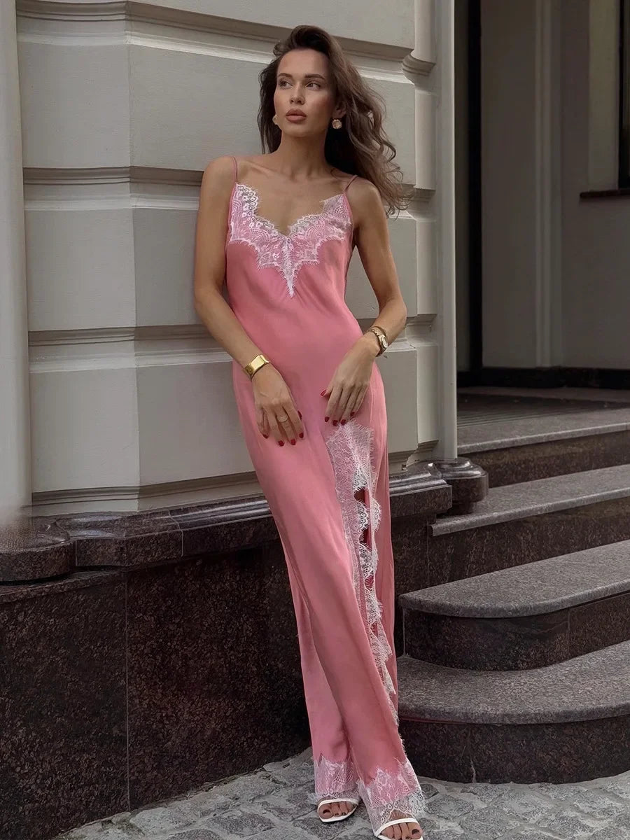 Summer New Lace Camisole Long Dress Women's Imitation Silk Sexy Split Stitch Lace Dress Women Clothing
