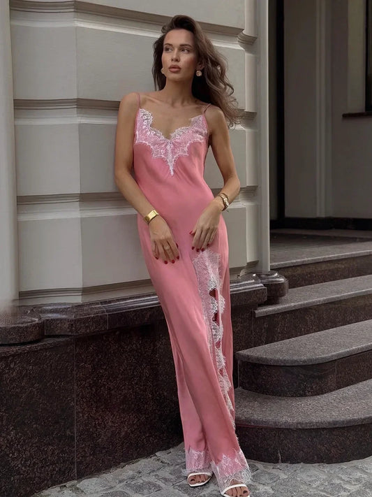 Summer New Lace Camisole Long Dress Women's Imitation Silk Sexy Split Stitch Lace Dress Women Clothing