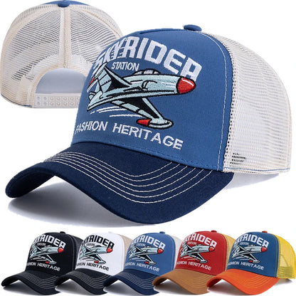 New Style Breathable Mesh Cap Outdoor Baseball Cap Men Women SKY RIDER Embroidered Pattern Snapback Trucker Hat Cap