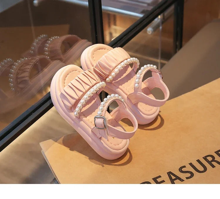 Girls Sandals Pleated Ins Trendy Kids Princess Shoes Beads Sweet Soft Sole 2025 Summer New Children Beach Shoes Open Toes Cute