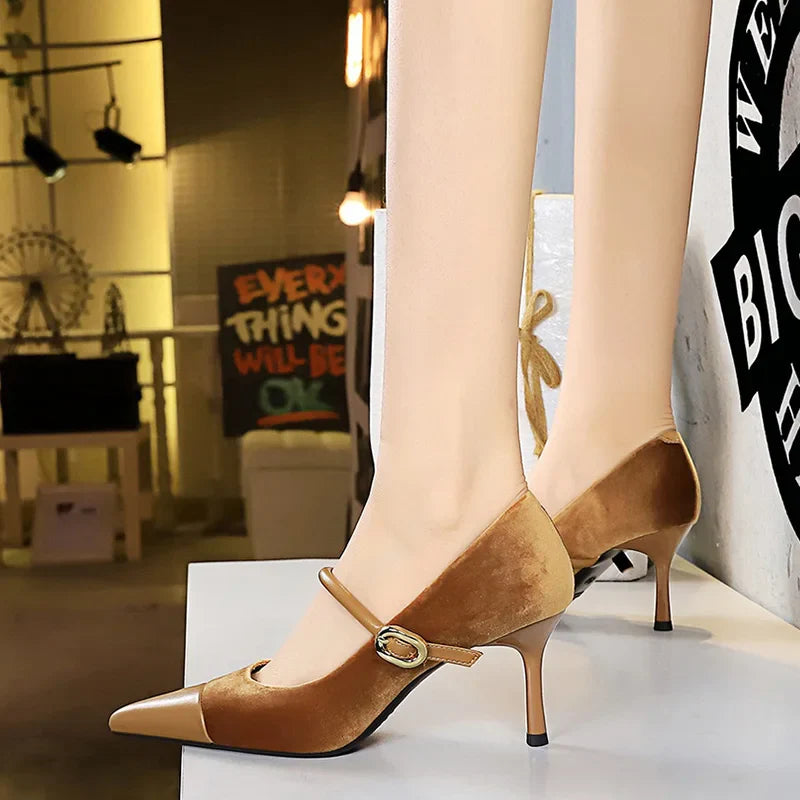 Korean Version Party 10cm 7cm High Heels Women Shoes Thin Heels Velvet Shallow Montage Pointed Toe Metal One-line Buckle Pumps