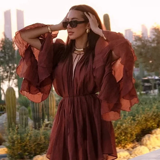 Woman 2025 Dress Ruffle Long Sleeve Mini Dress Summer Tie Fairy Short Dresses For Women Pleated Elegant Party Dresses 088