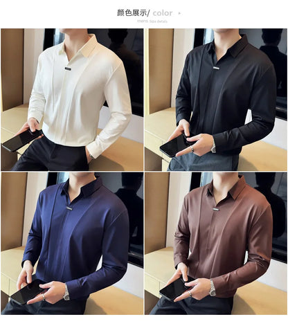 Stitching Special V-neck Long-Sleeved Polo Shirt, Men's High-Grade Elasticity Traceless Lapel T-shirt, Royal Blue Seamless Top