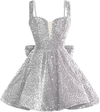 Sparkly Sequin Homecoming Dresses 2026 Short Spaghetti Straps V Neck Cocktail Party Gowns with Bow  Mini Dress Graduation Dress