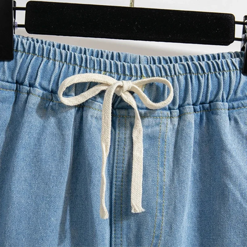 2025 Summer Women Plus Size Jeans Drawstring Elastic Waisted Harun Jeans Vintage Washed Cotton Oversized Trousers Y2k Pants