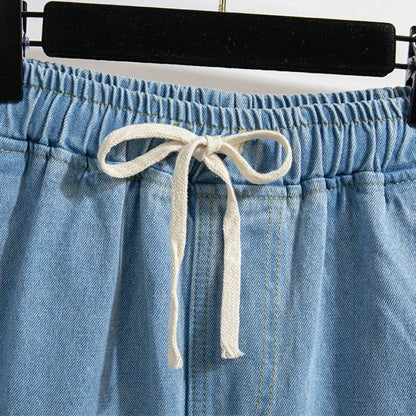 2025 Summer Women Plus Size Jeans Drawstring Elastic Waisted Harun Jeans Vintage Washed Cotton Oversized Trousers Y2k Pants