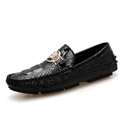 Slip-On Men's Shoes Crocodile Pattern 2025 Spring and Summer Fashion British Trendy Bright Leather Shiny Lazy Casual Beanie Shoes Handmade