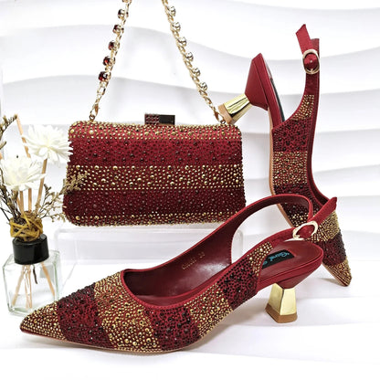 Fashion Nigerian Women Heel Party Ladies Italian Design Green Shoes And Bag Set Decorated with Rhinestone Handbag Wedding Party