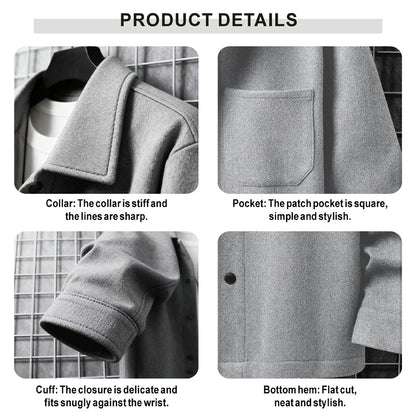 Polyester Brushed Short Jacket for Men, Lapel Button-Down Pocket Coat, Comfortable Casual Autumn Winter Office Business Wear