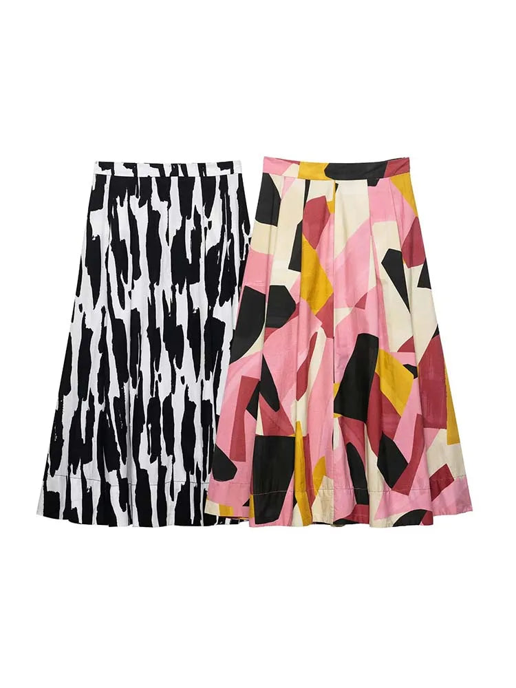 2025 Women Summer MIDI Skirts Fashion Print Side Zipper Female ELegant Street Skirt Clothing
