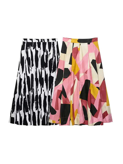 2025 Women Summer MIDI Skirts Fashion Print Side Zipper Female ELegant Street Skirt Clothing